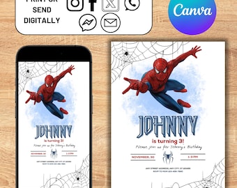 Invitación de Spider Man, invitación digital para fiesta de cumpleaños de niños de Spider-Man, tarjeta de cumpleaños para niños, descarga digital, plantilla editable