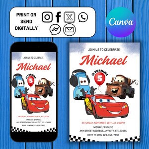Cars Birthday Invitation, Mcqueen Birthday Evite, Cars Party Invitation, Boys and Girls Birthday Party Invitation, Easy to Edit, Download