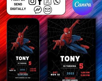 Spiderman Birthday Invitation Template Instant Download, Printable Spider-man Birthday Party Invite, Canva Template, Mobile Invitation