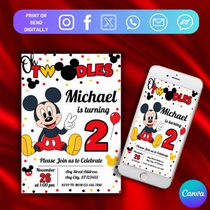 Puede incluir: Una invitación imprimible para el segundo cumpleaños de un niño. La invitación presenta una imagen de dibujos animados de Mickey Mouse y el texto "Oh Twodles Michael cumple 2 años". La invitación está decorada con lunares rojos, amarillos y negros.