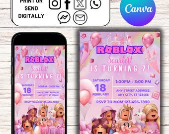 Editable Roblox Girl Invitation, Roblox Girl Birthday Party Theme, Roblox Girls Birthday Invitation Template, Gamer Girl, Editable Canva