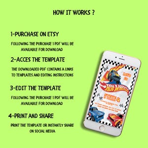 May include: A smartphone displays a Hot Wheels-themed birthday invitation. The invitation features a race car design with the text "Let's Go" and "Steve is turning 4". Instructions on how to purchase, access, edit, print, and share the template are also displayed.