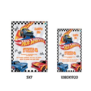 May include: Two Hot Wheels birthday party invitations. The design features a blue and orange race car with the text "Let's Go" and "Hot Wheels". The invitations are rectangular with a checkered flag border and the text "Steve 4 is turning".