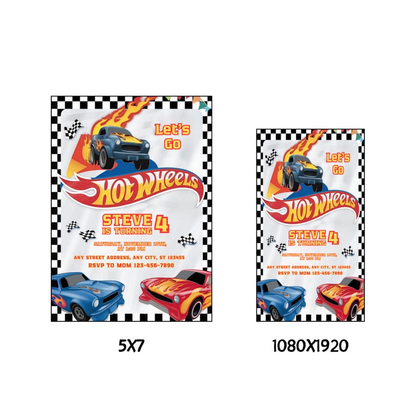 May include: Two Hot Wheels birthday party invitations. The design features a blue and orange race car with the text "Let's Go" and "Hot Wheels". The invitations are rectangular with a checkered flag border and the text "Steve 4 is turning".