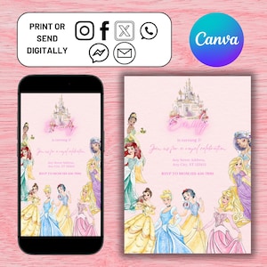 Op de afbeelding: Roze en witte printbare uitnodiging met een roze kasteel en Disney-prinsessen. De tekst luidt "wordt 3! Doe mee met een koninklijk feest. Any Street Address, Any City, ST 123455. RSVP naar MOM 123-456-7890."