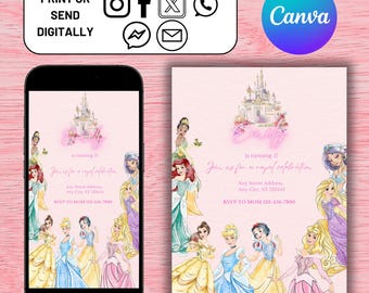 May include: Pink and white printable invitation with a pink castle and Disney princesses. The text reads "is turning 3! Join us for a royal celebration. Any Street Address, Any City, ST 123455. RSVP to MOM 123-456-7890."