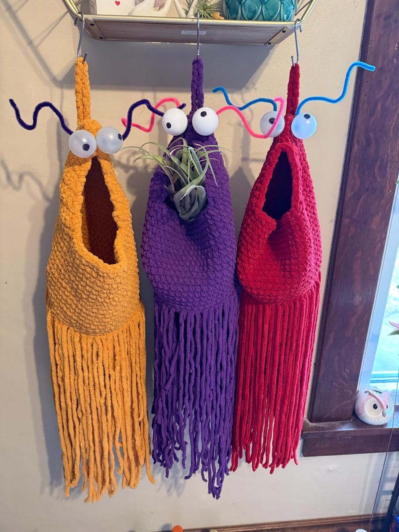 May include: Three handmade, whimsical plant holders in yellow, purple, and red, each with large googly eyes and pipe cleaner antennae. The holders are designed to hang and feature a fringe detail at the bottom. One holder contains a small air plant.