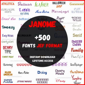 Może przedstawiać: Grafika prezentująca ponad 500 czcionek w formacie JEF. Centralne czarne koło wyświetla "JANOME" i "+500 FONTS JEF FORMAT." Różne style czcionek są rozmieszczone wokół koła, z tekstem "INSTANT DOWNLOAD LIFETIME ACCESS."