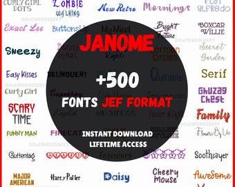 Maskinbroderitypsnitt för Janome – JEF-format – Samling av 500 omedelbara nedladdningar – 2,5 cm, 5 cm, 7,5 cm.