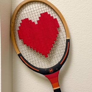 Red Heart Embroidery Vintage Tennis Racket Wall Art – Handcrafted Heart String Art – Rustic Sports Decor