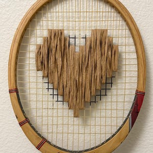 Vintage Tennis Racket Wall Art – Handcrafted Heart String Art – Rustic Sports Decor