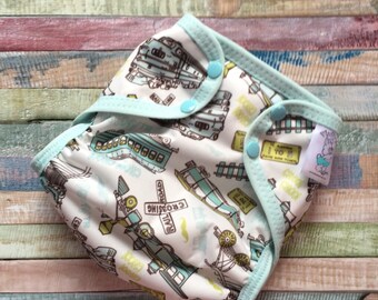 Antique Trains Polyester PUL Cloth Diaper Cover With Aplix Hook & Loop Or Snaps You Pick Size XS/Newborn, Small, Medium, Large, or One Size
