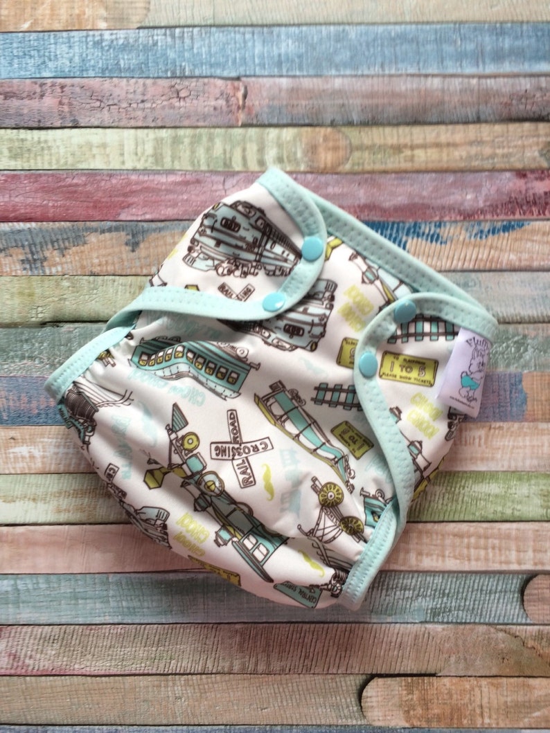 Antique Trains Polyester PUL Cloth Diaper Cover With Aplix Hook & Loop Or Snaps You Pick Size XS/Newborn, Small, Medium, Large, or One Size image 1