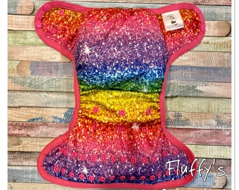 Rainbow Glitter PUL Cloth Diaper Cover With Hook & Loop Or Snaps Pick Size XS/Newborn, Small, Medium, Large, or One Size