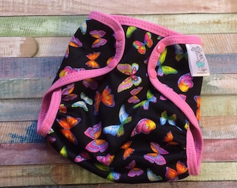 XS Hot Pink and Black Butterfly PUL cloth diaper cover with snaps or hook and loop