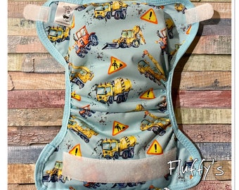 Construction PUL cloth diaper cover with snaps or hook and loop. XS/Newborn, Small, Medium, Large, or One Size
