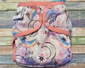 Pastel Rainbow Moon PUL cloth diaper cover with snaps or hook and loop. Choose Size XS/Newborn, Small, Medium, Large, or One Size