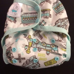 Antique Trains Polyester PUL Cloth Diaper Cover With Aplix Hook & Loop Or Snaps You Pick Size XS/Newborn, Small, Medium, Large, or One Size image 2