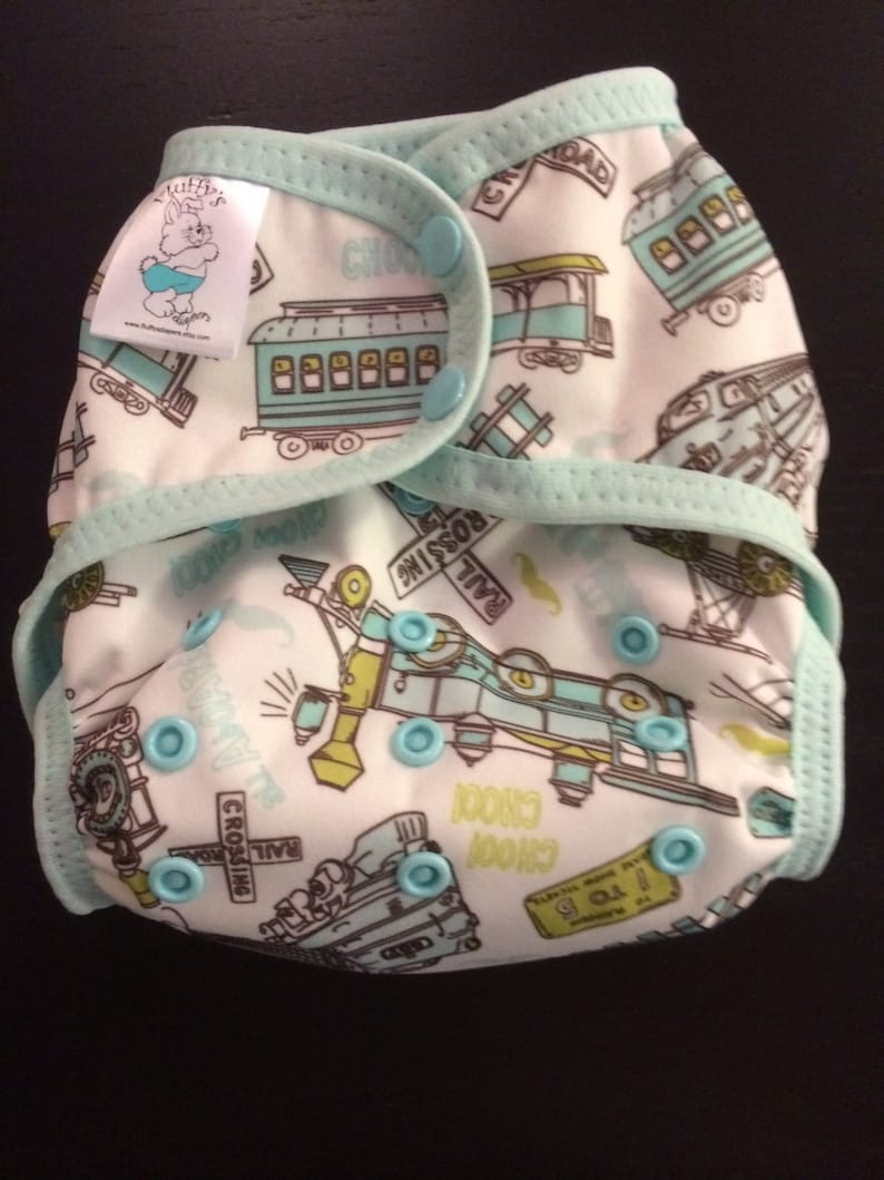 Antique Trains Polyester PUL Cloth Diaper Cover With Aplix Hook & Loop Or Snaps You Pick Size XS/Newborn, Small, Medium, Large, or One Size image 2