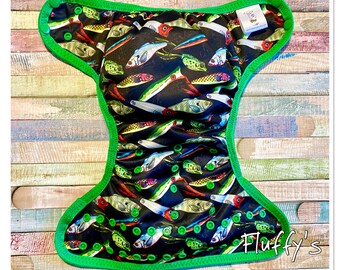 Fishing Lures PUL cloth diaper cover with snaps or hook and loop. XS/Newborn, Small, Medium, Large, or One Size
