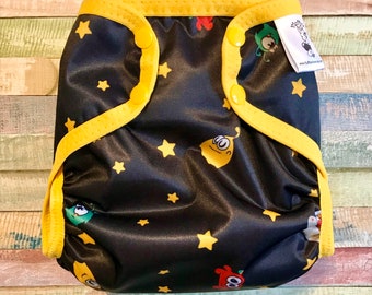 Aliens On Black PUL cloth diaper cover with snaps or hook and loop. XS/Newborn, Small, Medium, Large, or One Size