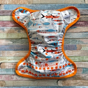 Gone Fishing PUL cloth diaper cover with snaps or hook and loop. XS/Newborn, Small, Medium, Large, or One Size