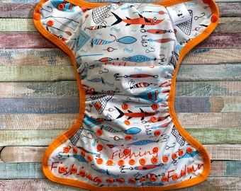 XS Newborn Gone Fishing PUL cloth diaper cover with snaps or hook and loop.