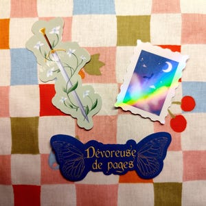 Puede incluir: Un conjunto de pegatinas sobre un fondo a cuadros. Las pegatinas incluyen una espada con detalles florales, una imagen holográfica de un cielo nocturno con un arcoíris y una mariposa azul con el texto "Dévoreuse de pages" en dorado.
