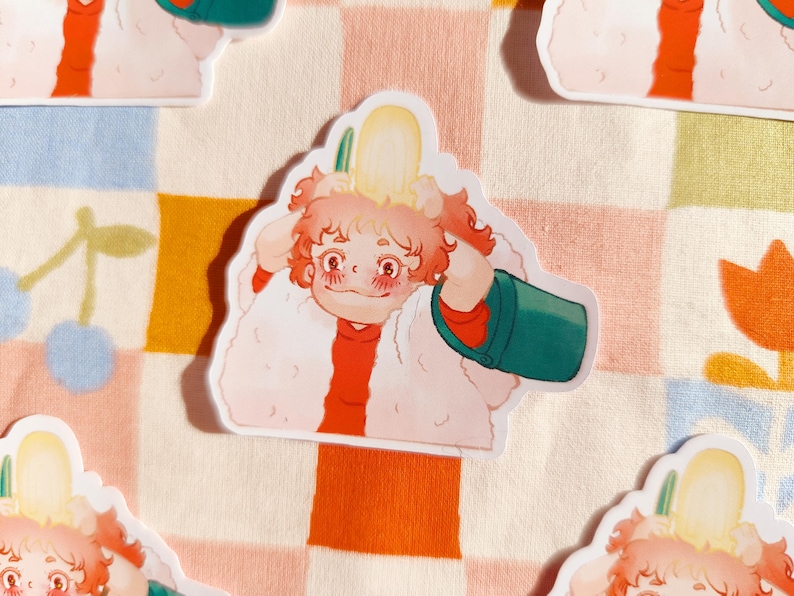 Puede incluir: Una pegatina con un personaje de dibujos animados con cabello rosado que lleva un abrigo blanco y esponjoso y sostiene un cubo verde. El personaje tiene un objeto amarillo en la cabeza y sonr&iacute;e.