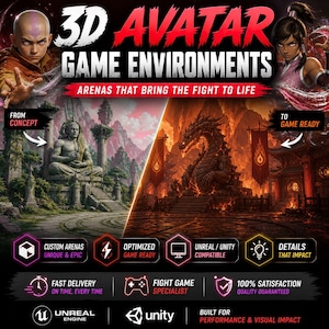 Könnte beinhalten: Eine Werbegrafik für 3D Avatar Game Environments. Das Bild zeigt zwei Charaktere, einen auf jeder Seite, mit dem Text "3D AVATAR GAME ENVIRONMENTS" in Rot und Weiß. Die Grafik zeigt Spielumgebungen mit einem Drachen und einer Statue.