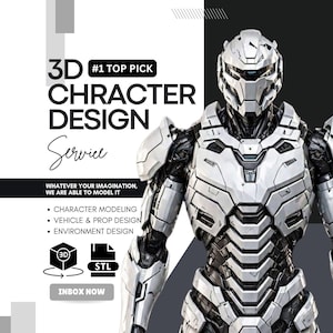 May include: A promotional image for 3D character design services. The image features a futuristic, white and black robotic figure. Text includes "3D Character Design Service" and service details: character modeling, vehicle & prop design, and environment design.