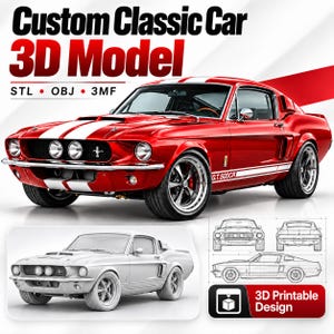 May include: A 3D model of a red classic car with white racing stripes, featuring the text Custom Classic Car 3D Model, STL, OBJ, 3MF, and G.T.500CR. The image includes a grayscale render and technical line drawings of the car for 3D printing.