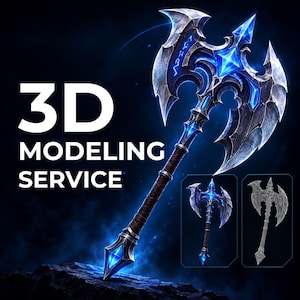 May include: A double-bladed fantasy battle axe with metallic silver edges, glowing blue crystal accents, and a brown leather-wrapped handle. The text 3D MODELING SERVICE is displayed on the left, with two smaller axe views on the right.