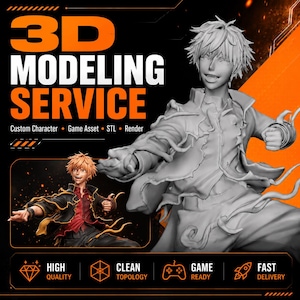 Może przedstawiać: Pomarańczowo-czarna grafika promująca usługi modelowania 3D. Tekst brzmi "3D MODELING SERVICE" z podtytułami dla "Custom Character, Game Asset, STL, Render". Obraz przedstawia model 3D postaci z anime oraz ikony wysokiej jakości, czystej topologii, gotowości do gry i szybkiej dostawy.
