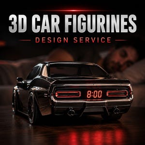 Pode incluir: Uma figura de carro preta com um relógio digital que mostra 8:00 em luz vermelha dentro do conjunto de luzes traseiras. O texto 3D CAR FIGURINES DESIGN SERVICE é exibido em letras brancas e vermelhas acima do veículo.