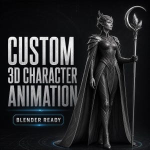 May include: A digital illustration of a fantasy character wearing dark, intricate armor and a long cape, holding a staff with a crescent moon top. The text reads CUSTOM 3D CHARACTER ANIMATION and BLENDER READY in bold, white, sans-serif lettering.