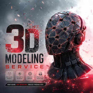 Op de afbeelding: Een digitale afbeelding met een donkere, metalen, geometrische helm met rode lichtgevende accenten. De tekst luidt 3D MODELING SERVICE, samen met iconen voor gedetailleerde modellen, nauwkeurige en geoptimaliseerde, realistische renders en bestanden.