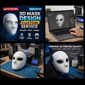 May include: A composite image showcasing 3D mask design services. The image includes a white mask, a laptop displaying a 3D model, and a 3D printer. Text highlights "3D Mask Design Custom Service" with options for printable, game, and cosplay applications.