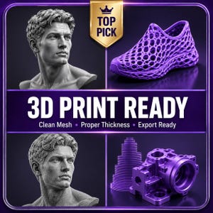 May include: A digital display featuring a gray male bust, a purple lattice-patterned shoe, a wireframe bust, and a purple mechanical part. Text reads TOP PICK, 3D PRINT READY, Clean Mesh, Proper Thickness, and Export Ready in white and gold.