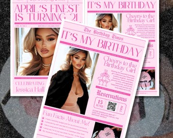Pode incluir: Convites de aniversário cor-de-rosa em estilo jornal. As manchetes dizem "April's Finest is Turning 21" e "It's My Birthday". Os convites apresentam uma foto de uma mulher e detalhes do evento.