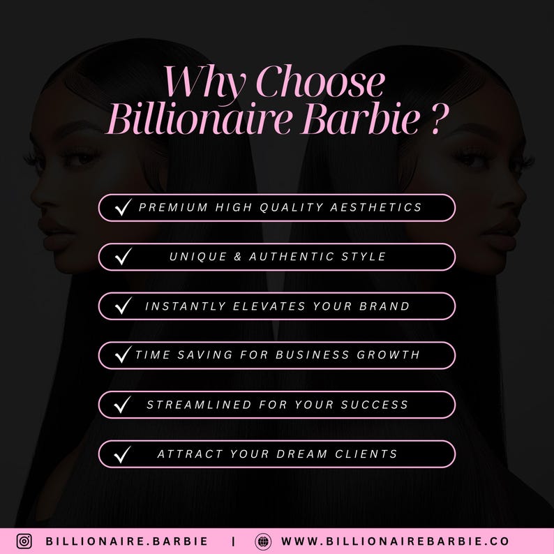 May include: A promotional graphic with the text "Why Choose Billionaire Barbie?" in pink. The graphic lists benefits such as premium aesthetics, unique style, and brand elevation. The Billionaire Barbie logo and website are at the bottom.