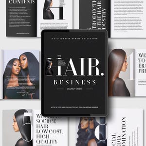 Może przedstawiać: Czarny tablet wyświetla tytuł "THE HAIR BUSINESS" z podtytułem "LAUNCH GUIDE". Wokół tabletu znajdują się otwarte książki z tekstem i zdjęciami kobiet z długimi, ciemnymi włosami. Tekst zawiera "SPIS TREŚCI" i "DOMINACJA W MEDIACH SPOŁECZNOŚCIOWYCH."