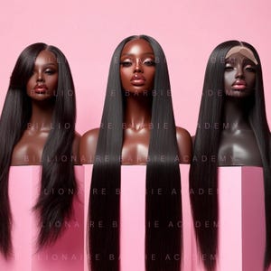 May include: Three black wigs on mannequin heads, each with a different style. The wigs are displayed on pink pedestals against a pink backdrop. The text "BILLIONAIRE BARBIE ACADEMY" is visible on the pedestals.