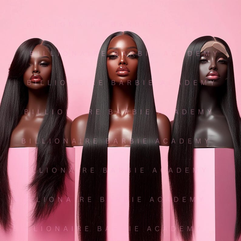 May include: Three black wigs on mannequin heads, each with a different style. The wigs are displayed on pink pedestals against a pink backdrop. The text "BILLIONAIRE BARBIE ACADEMY" is visible on the pedestals.