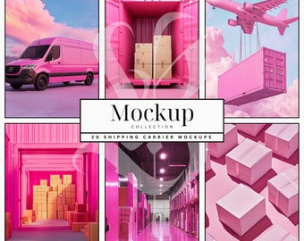 Pink Shipping Carrier Mockups | Luxury Canva Templates for Branding & Packaging | Delivery Van and Warehouse Logistics for Small Business
