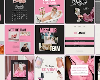 May include: A collection of pink and black social media graphics with text like "To go viral", "Meet the team", and "Social media hacks". The graphics feature images of people, products, and text overlays.