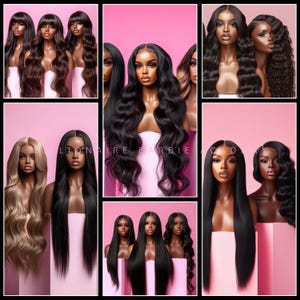 May include: Collection of wigs in various styles and colors, including long wavy, straight, and layered designs. The wigs are displayed on mannequin heads against a pink backdrop. The text "LIONAIRE BARBIE" is visible.