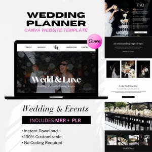 May include: A laptop displays a wedding planner website template. The screen shows a couple celebrating with champagne. Text includes "Wedding Planner," "Canva Website Template," and "Wedd & Luxe." Additional text: "Wedding & Events."