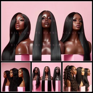 May include: Multiple black wigs displayed on mannequin heads against a pink background. The wigs vary in style, including straight, wavy, and curly textures. The text "BILLIONAIRE BARBIE ACADEMY" is visible on the image.