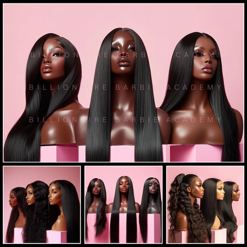 May include: Multiple black wigs displayed on mannequin heads against a pink background. The wigs vary in style, including straight, wavy, and curly textures. The text "BILLIONAIRE BARBIE ACADEMY" is visible on the image.